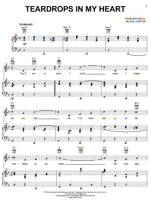The Sons Of The Pioneers Teardrops In My Heart Sheet Music Notes & Chords for Piano, Vocal & Guitar (Right-Hand Melody) - Download or Print PDF