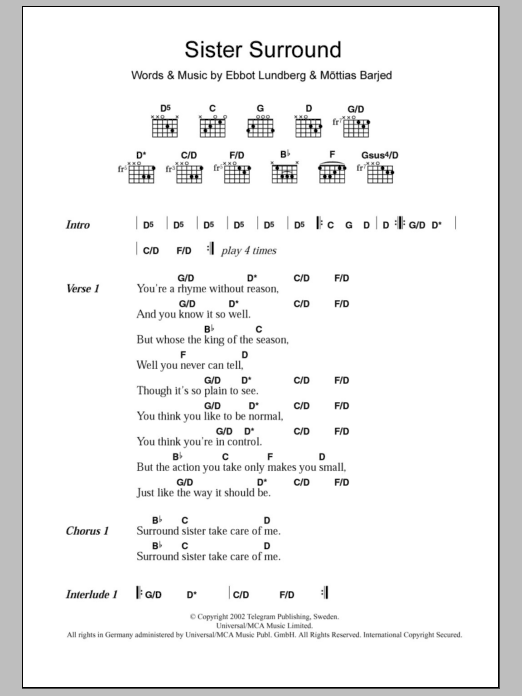 The Soundtrack Of Our Lives Sister Surround Sheet Music Notes & Chords for Lyrics & Chords - Download or Print PDF