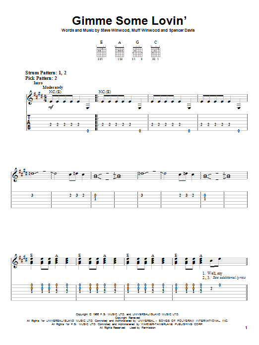 The Spencer Davis Group Gimme Some Lovin' Sheet Music Notes & Chords for Piano, Vocal & Guitar - Download or Print PDF