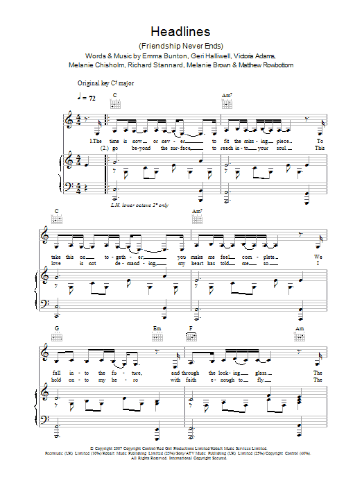 The Spice Girls Headlines (Friendship Never Ends) Sheet Music Notes & Chords for Beginner Piano - Download or Print PDF