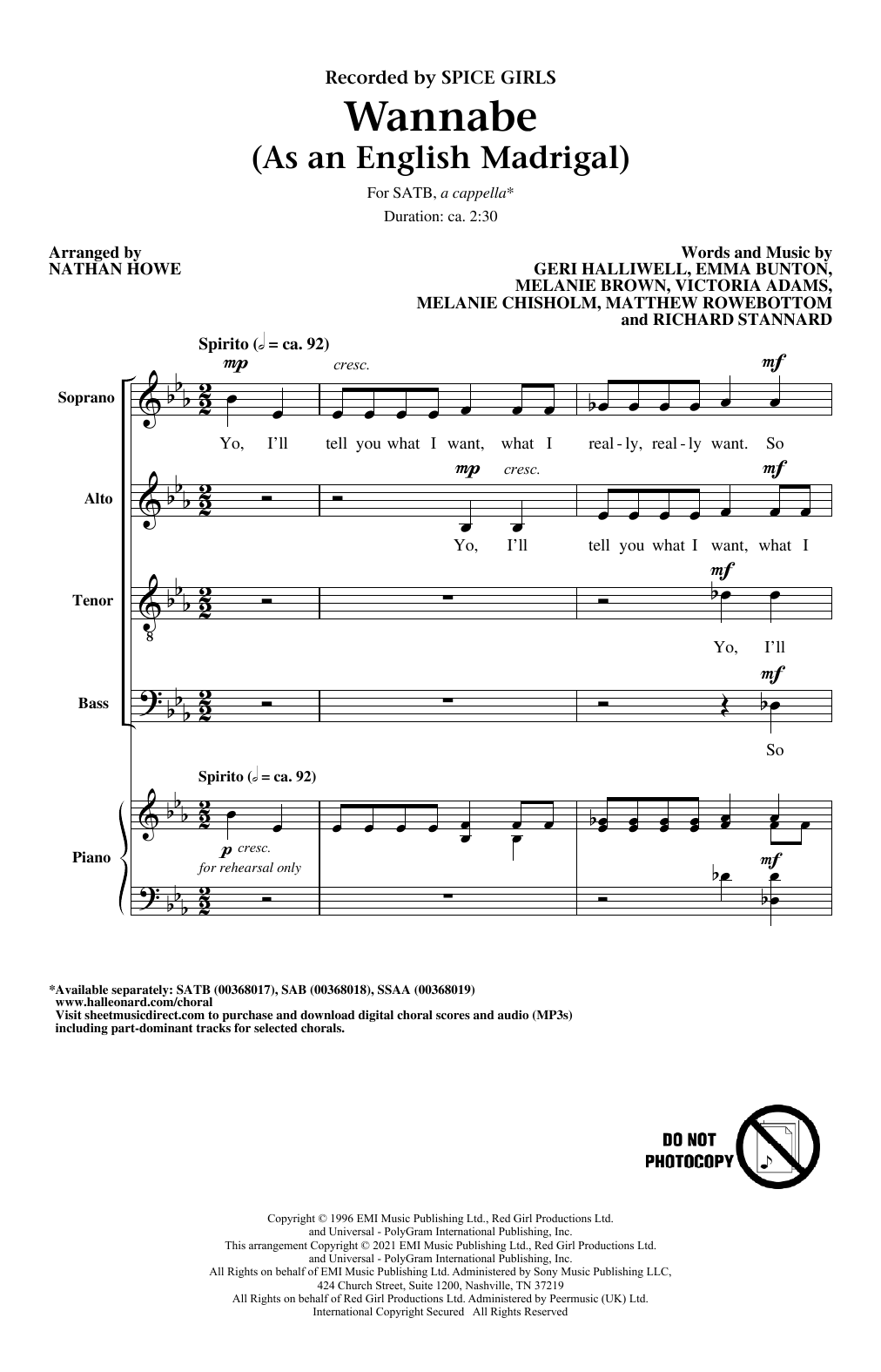 Spice Girls Wannabe (As an English Madrigal) (arr. Nathan Howe) Sheet Music Notes & Chords for SAB Choir - Download or Print PDF