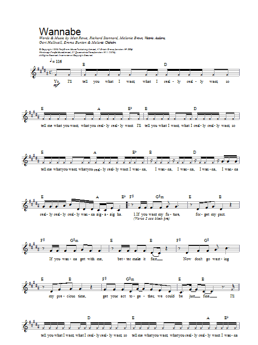 The Spice Girls Wannabe Sheet Music Notes & Chords for Melody Line, Lyrics & Chords - Download or Print PDF