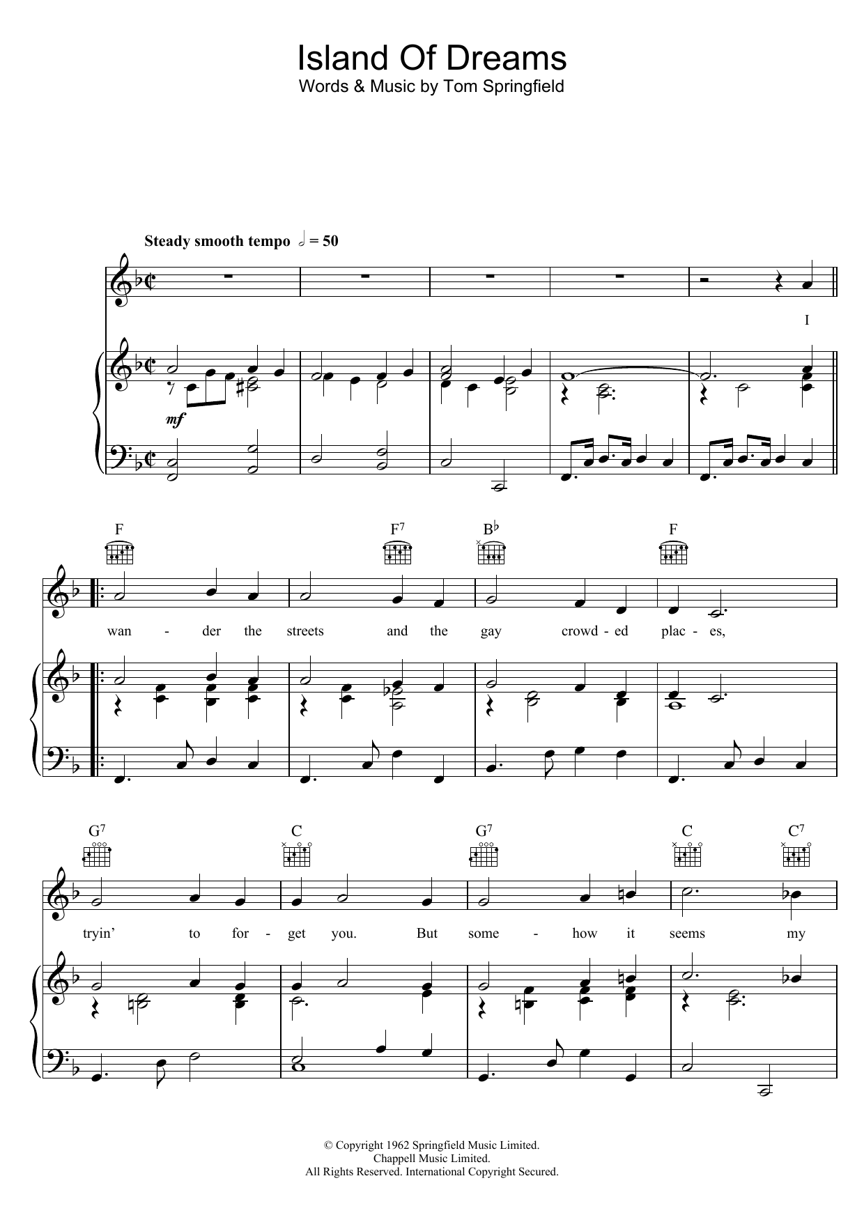 The Springfields Island Of Dreams Sheet Music Notes & Chords for Piano, Vocal & Guitar (Right-Hand Melody) - Download or Print PDF