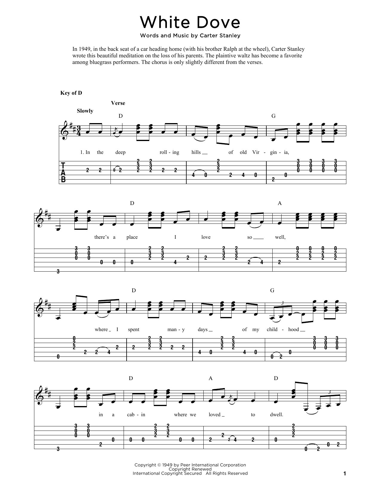 The Stanley Brothers White Dove (arr. Fred Sokolow) Sheet Music Notes & Chords for Solo Guitar Tab - Download or Print PDF
