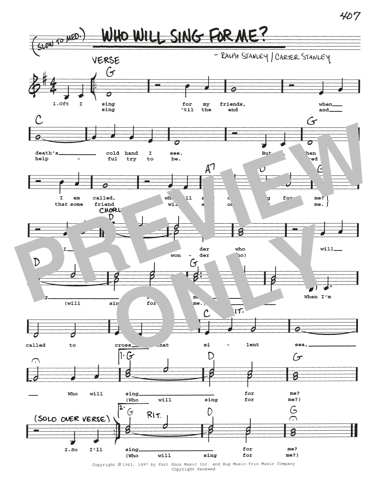 The Stanley Brothers Who Will Sing For Me? Sheet Music Notes & Chords for Real Book – Melody, Lyrics & Chords - Download or Print PDF