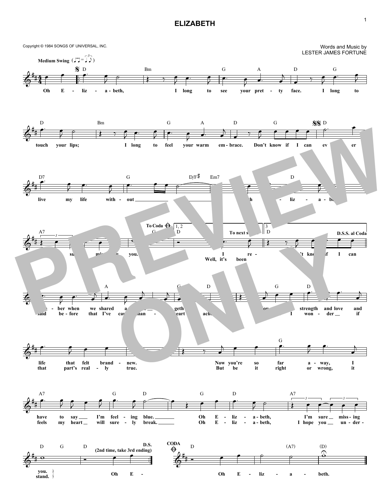 The Statler Brothers Elizabeth Sheet Music Notes & Chords for Melody Line, Lyrics & Chords - Download or Print PDF