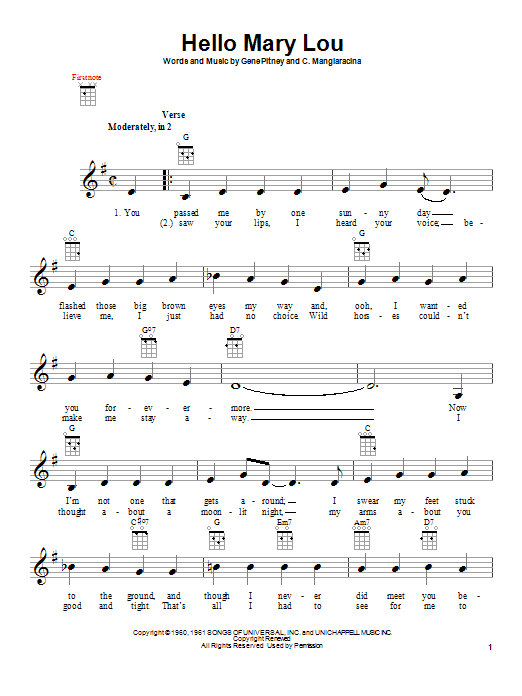 The Statler Brothers Hello Mary Lou Sheet Music Notes & Chords for Easy Piano - Download or Print PDF
