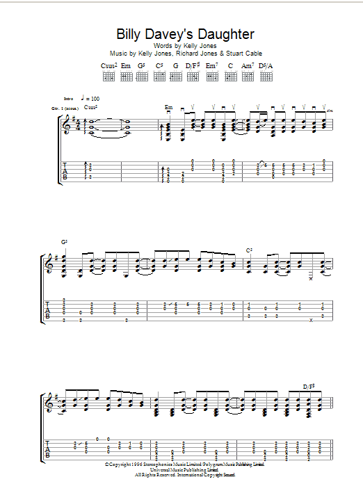 Stereophonics Billy Davey's Daughter Sheet Music Notes & Chords for Guitar Tab - Download or Print PDF