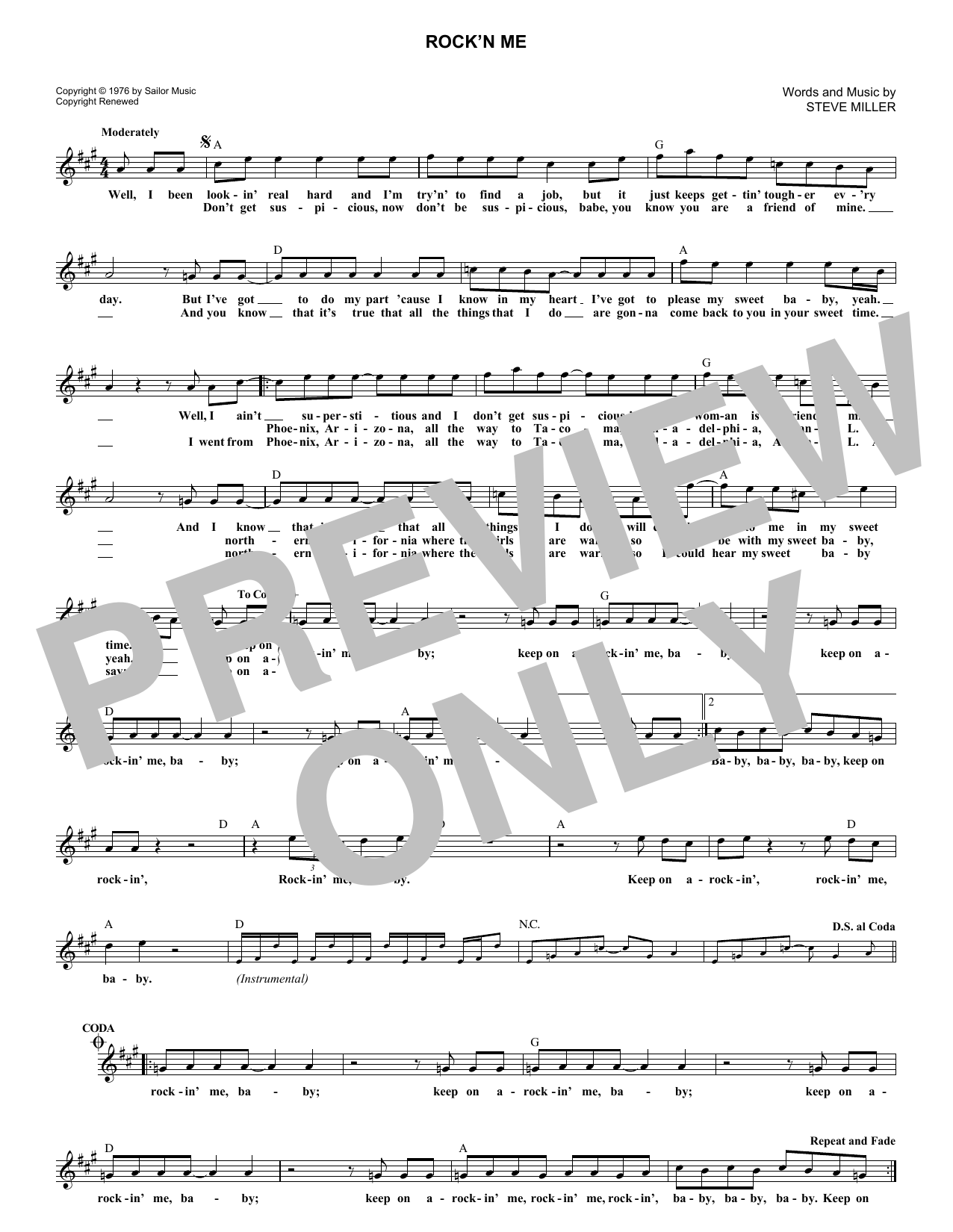 Steve Miller Band Rock'n Me Sheet Music Notes & Chords for Melody Line, Lyrics & Chords - Download or Print PDF