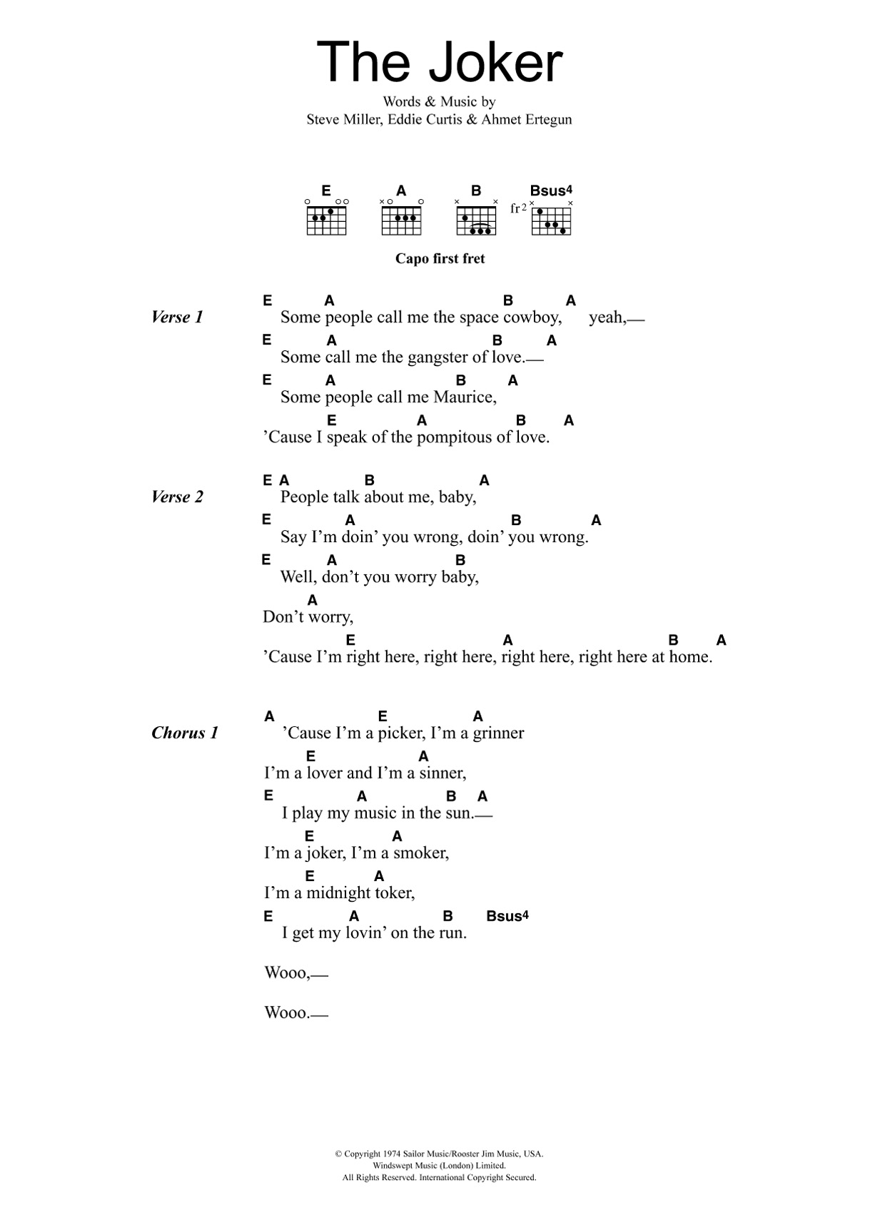 The Steve Miller Band The Joker Sheet Music Notes & Chords for Melody Line, Lyrics & Chords - Download or Print PDF