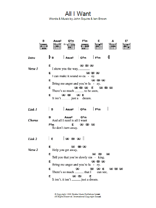 The Stone Roses All I Want Sheet Music Notes & Chords for Lyrics & Chords - Download or Print PDF