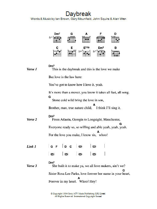 The Stone Roses Daybreak Sheet Music Notes & Chords for Lyrics & Chords - Download or Print PDF