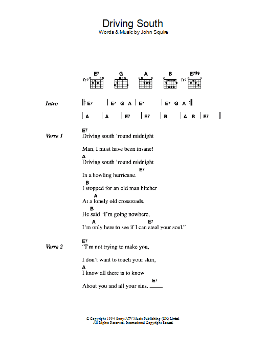 The Stone Roses Driving South Sheet Music Notes & Chords for Lyrics & Chords - Download or Print PDF