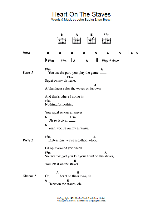 The Stone Roses Heart On The Staves Sheet Music Notes & Chords for Lyrics & Chords - Download or Print PDF