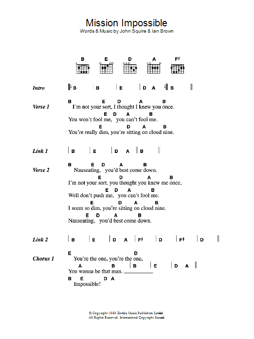 The Stone Roses Mission Impossible Sheet Music Notes & Chords for Lyrics & Chords - Download or Print PDF