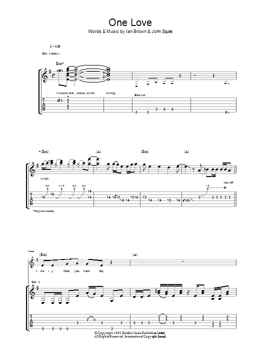 The Stone Roses One Love Sheet Music Notes & Chords for Guitar Tab - Download or Print PDF