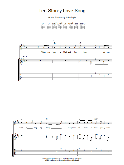 The Stone Roses Ten Storey Love Song Sheet Music Notes & Chords for Guitar Chords/Lyrics - Download or Print PDF