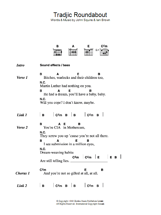 The Stone Roses Tradjic Roundabout Sheet Music Notes & Chords for Lyrics & Chords - Download or Print PDF