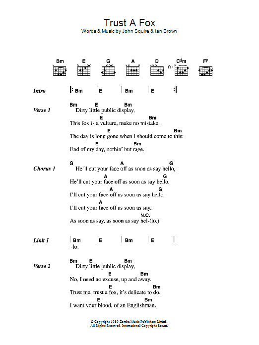 The Stone Roses Trust A Fox Sheet Music Notes & Chords for Lyrics & Chords - Download or Print PDF