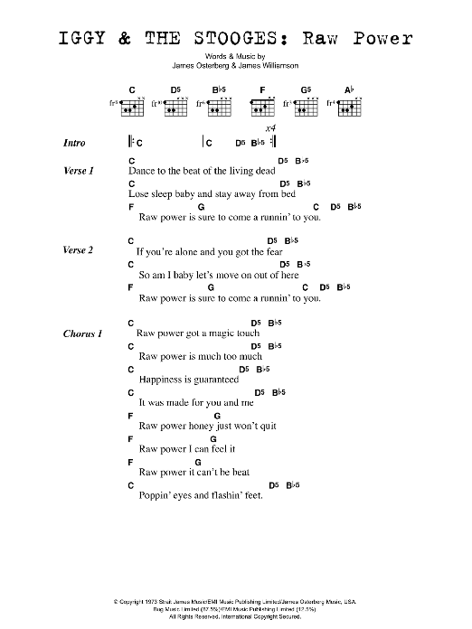 Iggy Pop Raw Power Sheet Music Notes & Chords for Lyrics & Chords - Download or Print PDF