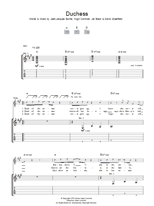 The Stranglers Duchess Sheet Music Notes & Chords for Guitar Tab - Download or Print PDF