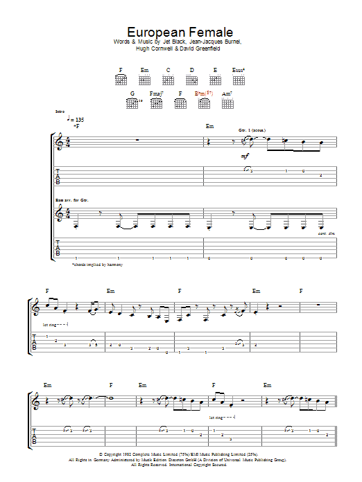 The Stranglers European Female Sheet Music Notes & Chords for Guitar Tab - Download or Print PDF