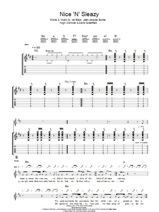 The Stranglers Nice 'N' Sleazy Sheet Music Notes & Chords for Guitar Tab - Download or Print PDF