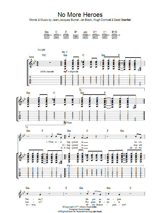 The Stranglers No More Heroes Sheet Music Notes & Chords for Lyrics & Chords - Download or Print PDF