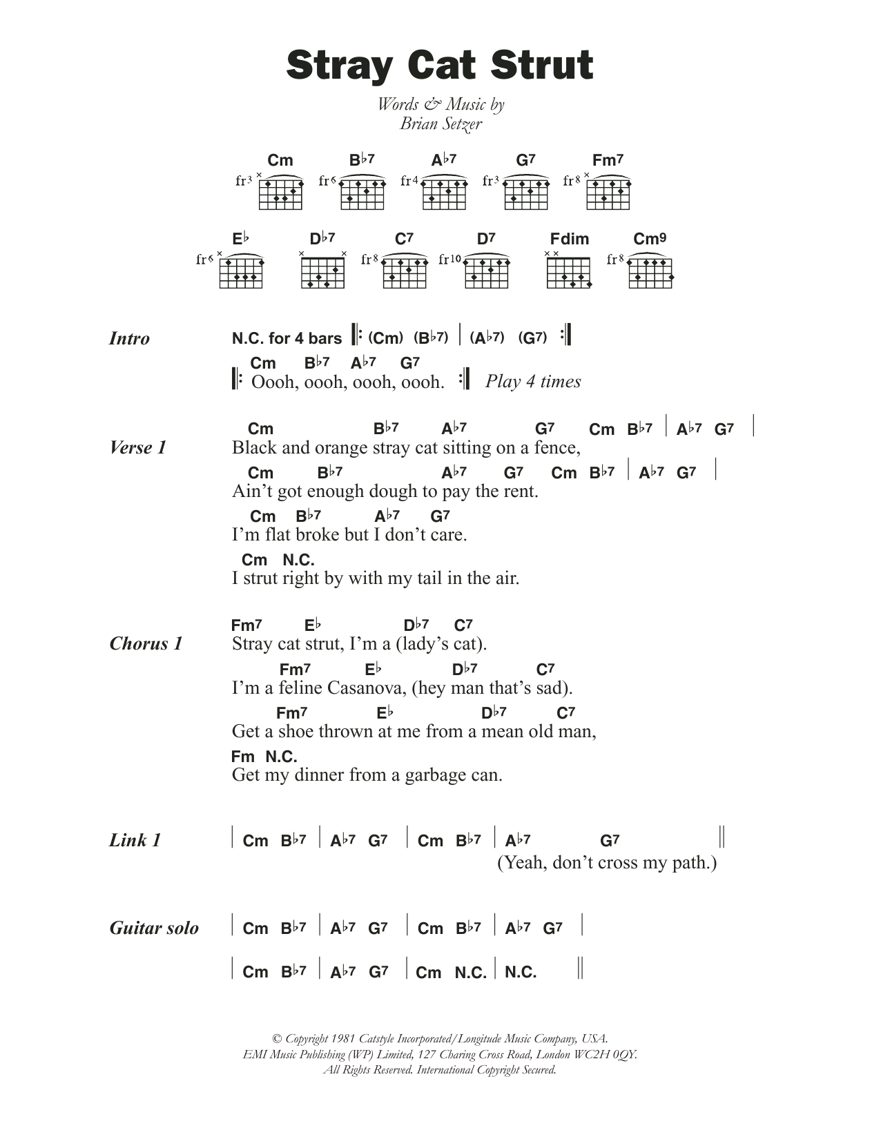 The Stray Cats Stray Cat Strut Sheet Music Notes & Chords for Lyrics & Chords - Download or Print PDF