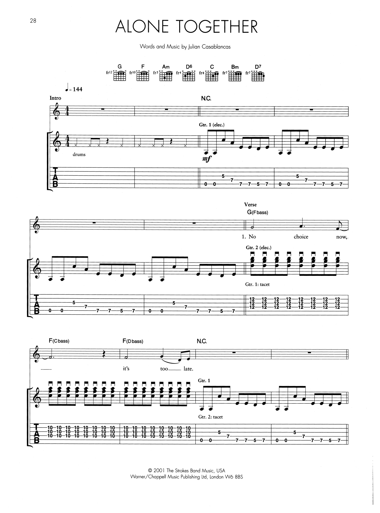 The Strokes Alone Together Sheet Music Notes & Chords for Guitar Tab - Download or Print PDF