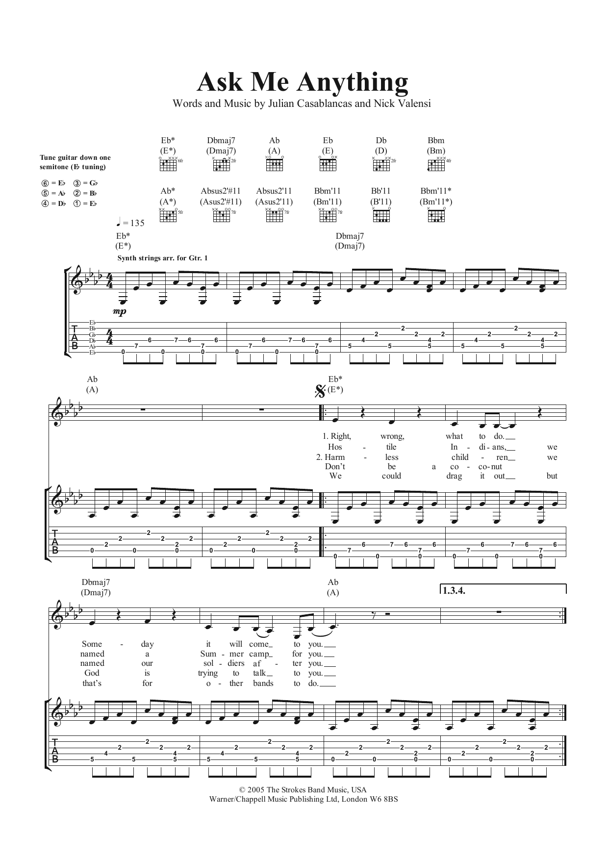 The Strokes Ask Me Anything Sheet Music Notes & Chords for Guitar Tab - Download or Print PDF
