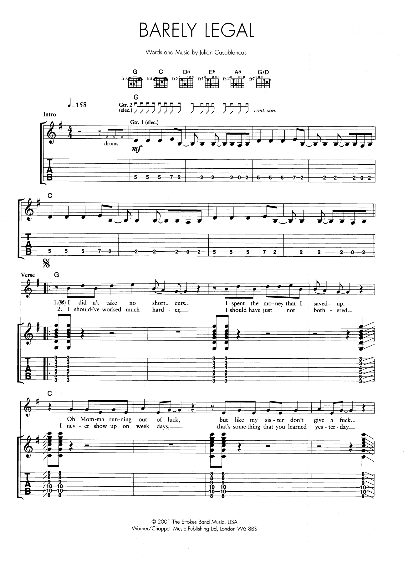 The Strokes Barely Legal Sheet Music Notes & Chords for Guitar Tab - Download or Print PDF