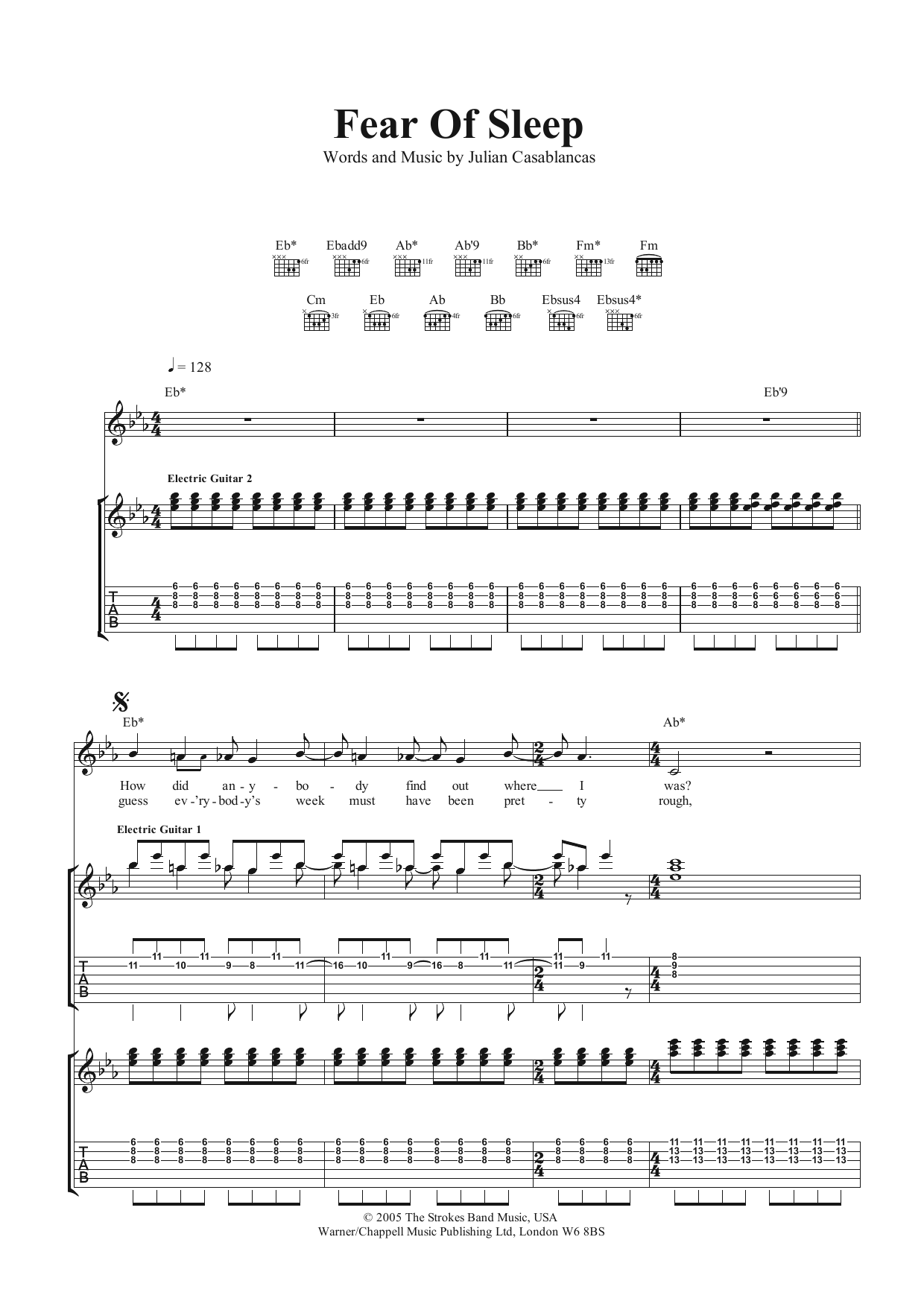 The Strokes Fear Of Sleep Sheet Music Notes & Chords for Guitar Tab - Download or Print PDF