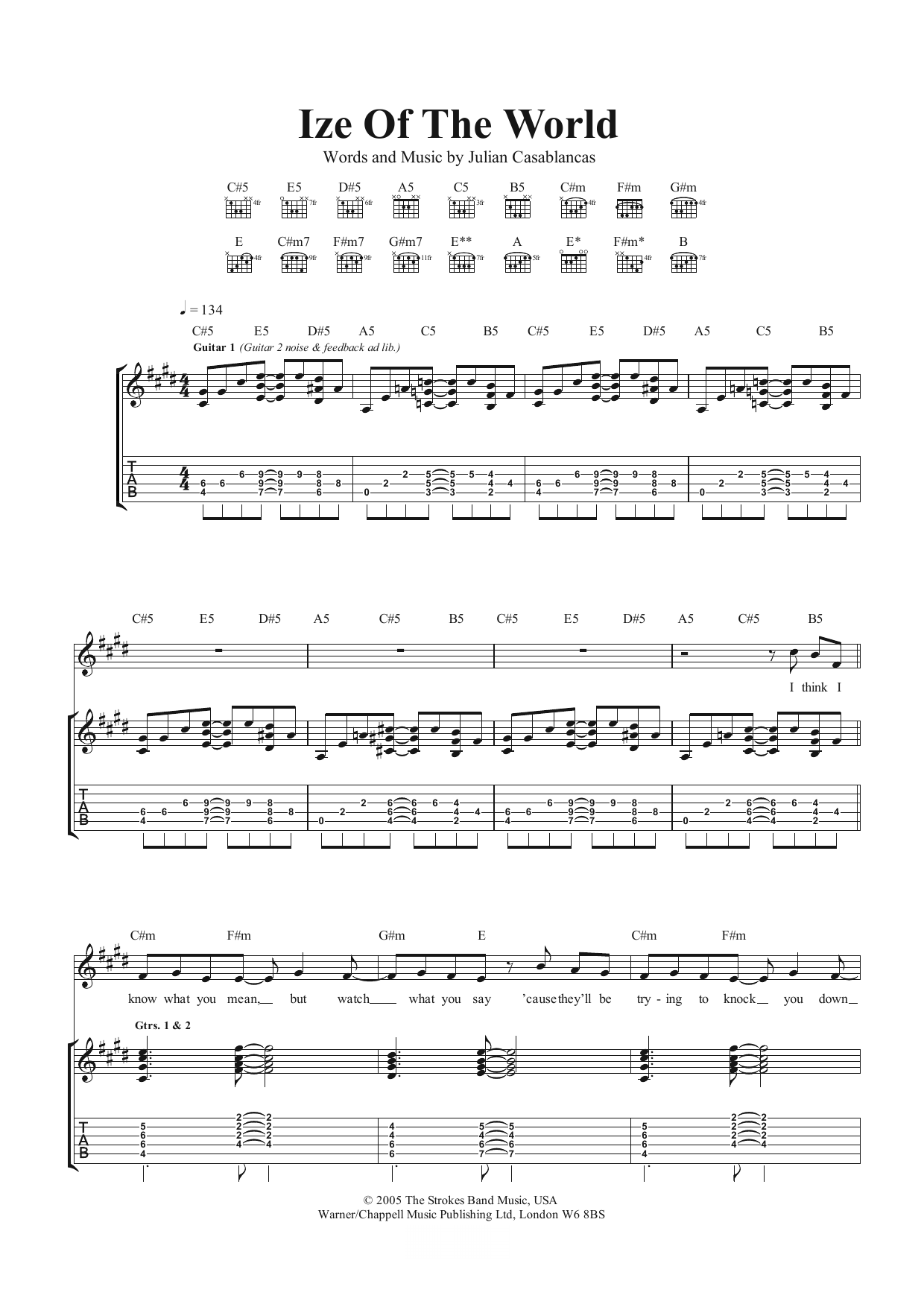 The Strokes Ize Of The World Sheet Music Notes & Chords for Guitar Tab - Download or Print PDF