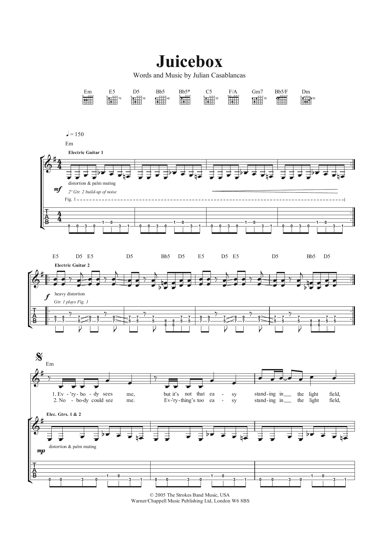 The Strokes Juicebox Sheet Music Notes & Chords for Guitar Tab - Download or Print PDF
