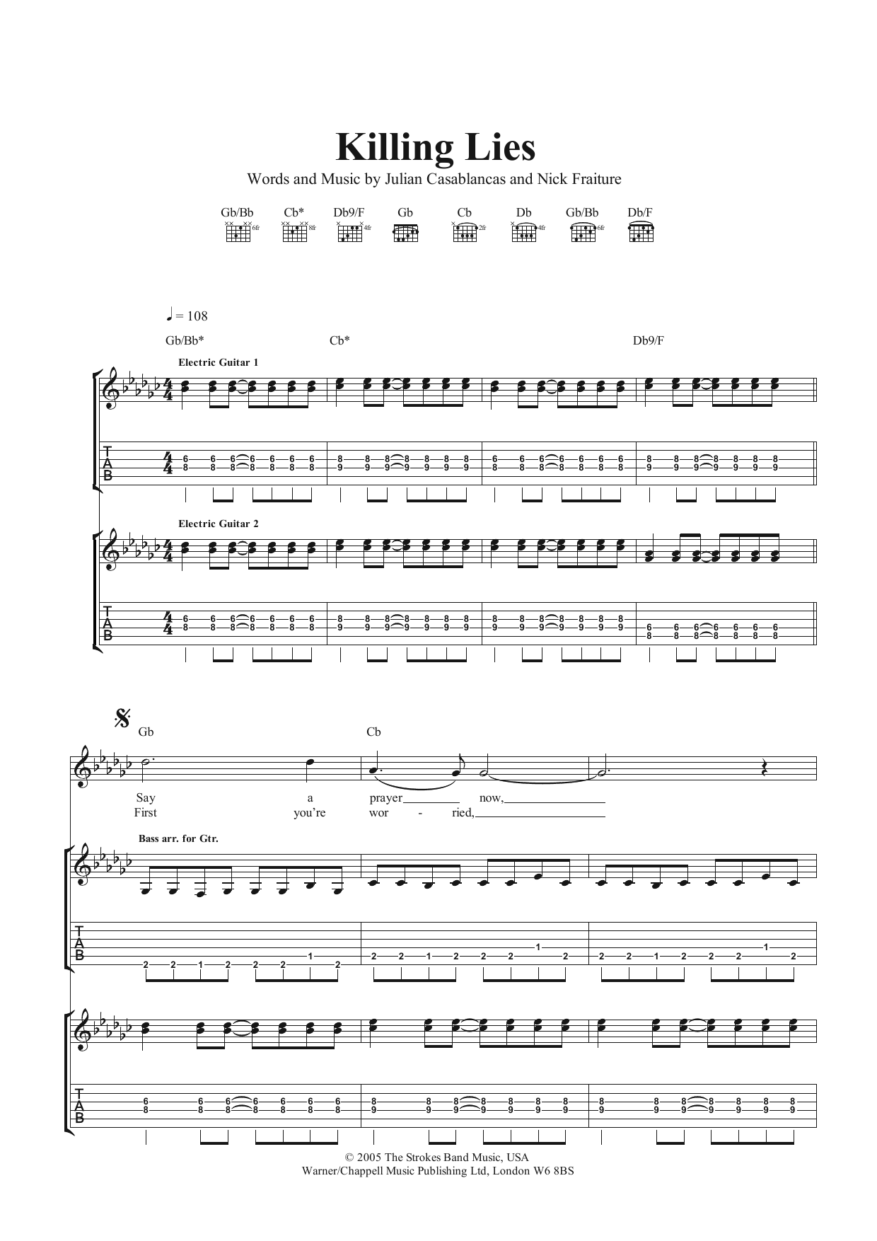 The Strokes Killing Lies Sheet Music Notes & Chords for Guitar Tab - Download or Print PDF