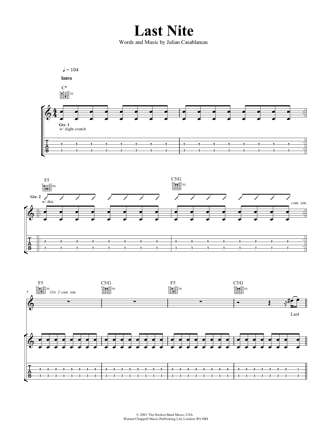 The Strokes Last Nite Sheet Music Notes & Chords for Ukulele Chords/Lyrics - Download or Print PDF