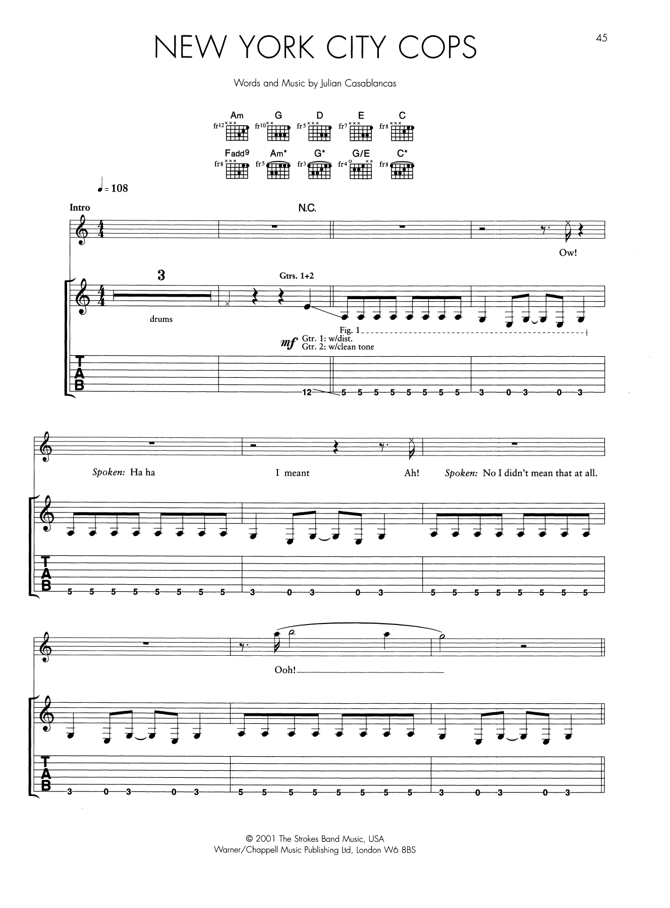 The Strokes New York City Cops Sheet Music Notes & Chords for Guitar Tab - Download or Print PDF