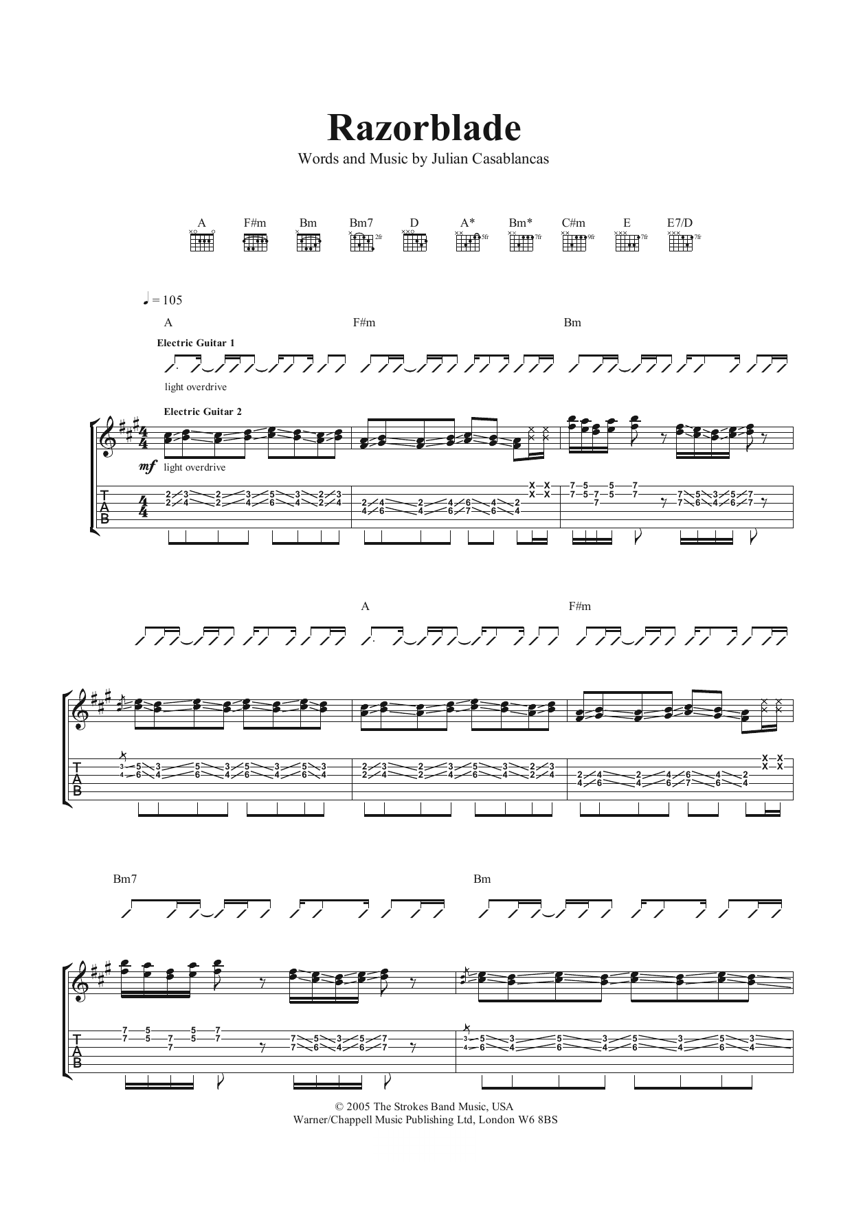 The Strokes Razorblade Sheet Music Notes & Chords for Guitar Tab - Download or Print PDF