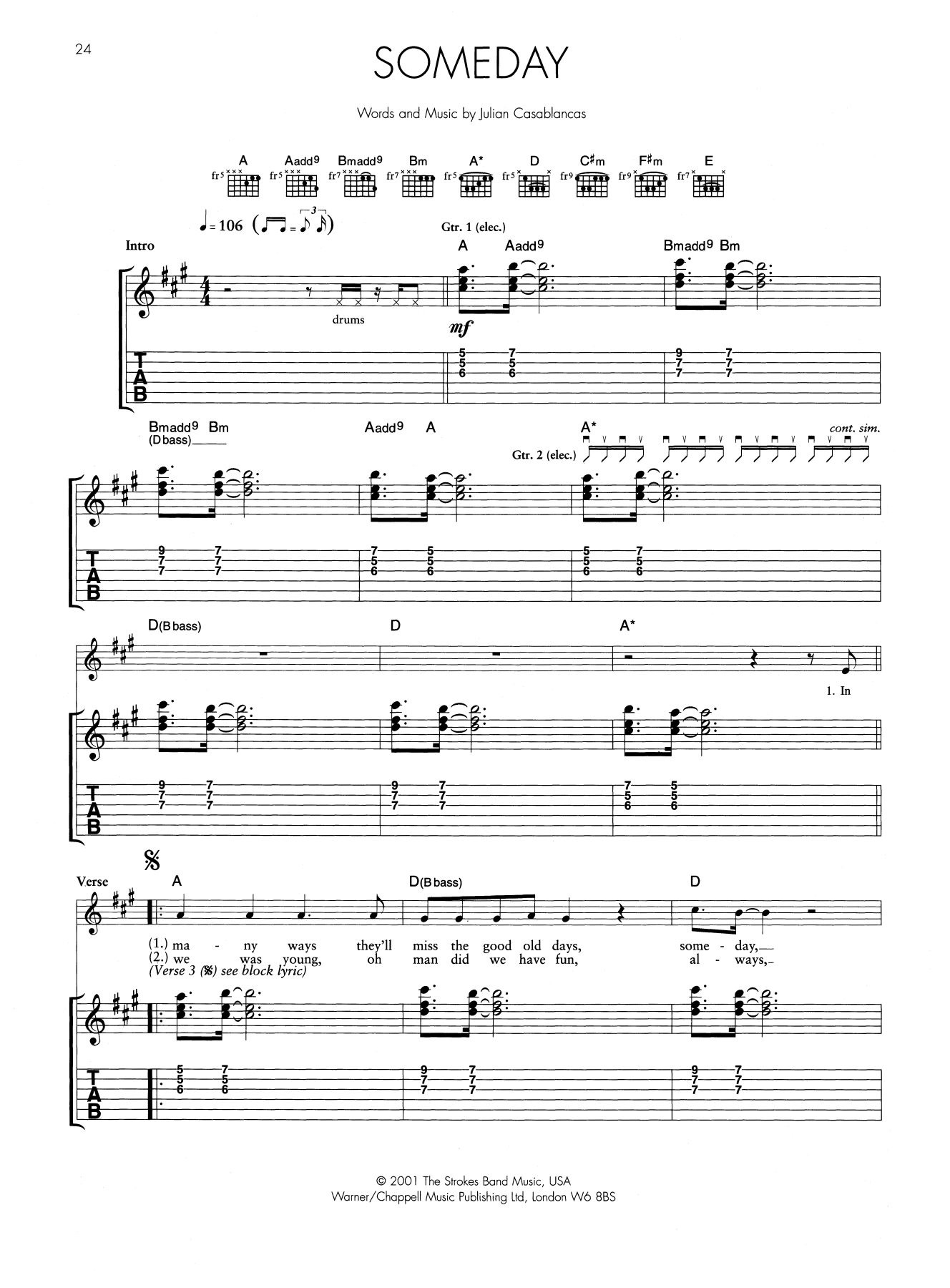 The Strokes Someday Sheet Music Notes & Chords for Guitar Tab - Download or Print PDF