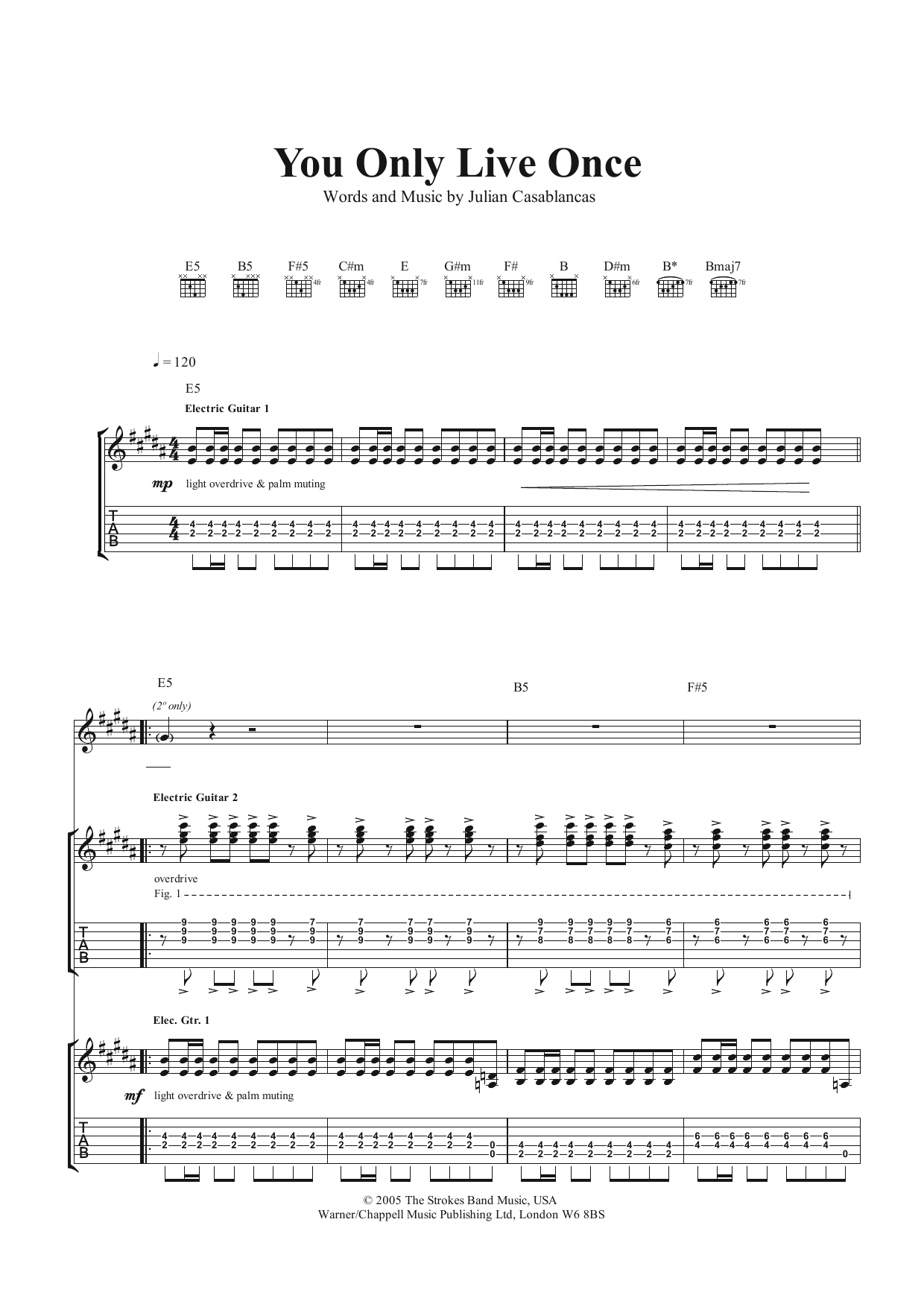 The Strokes You Only Live Once Sheet Music Notes & Chords for Guitar Tab - Download or Print PDF