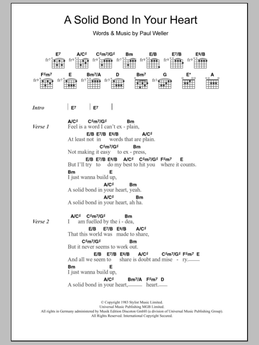 The Style Council A Solid Bond In Your Heart Sheet Music Notes & Chords for Lyrics & Chords - Download or Print PDF