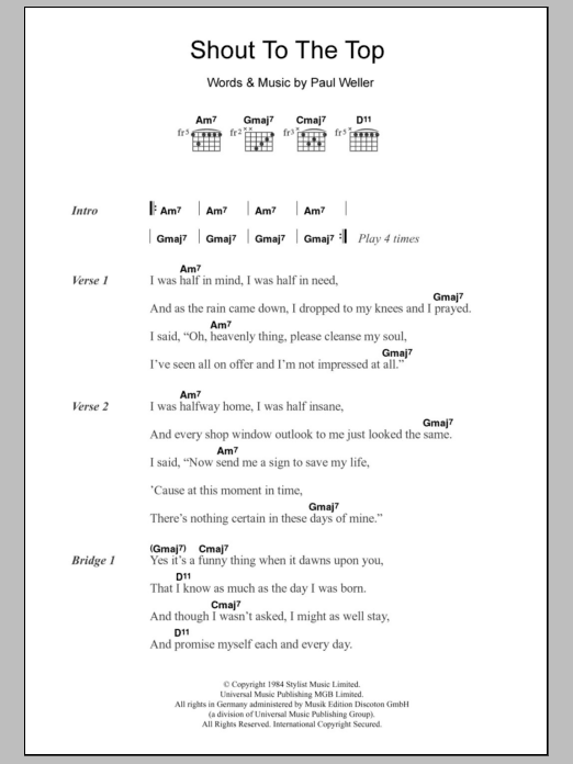 The Style Council Shout To The Top Sheet Music Notes & Chords for Lyrics & Chords - Download or Print PDF The Style Council Shout To The Top Sheet Music Notes & Chords for Lyrics & Chords - Download or Print PDF