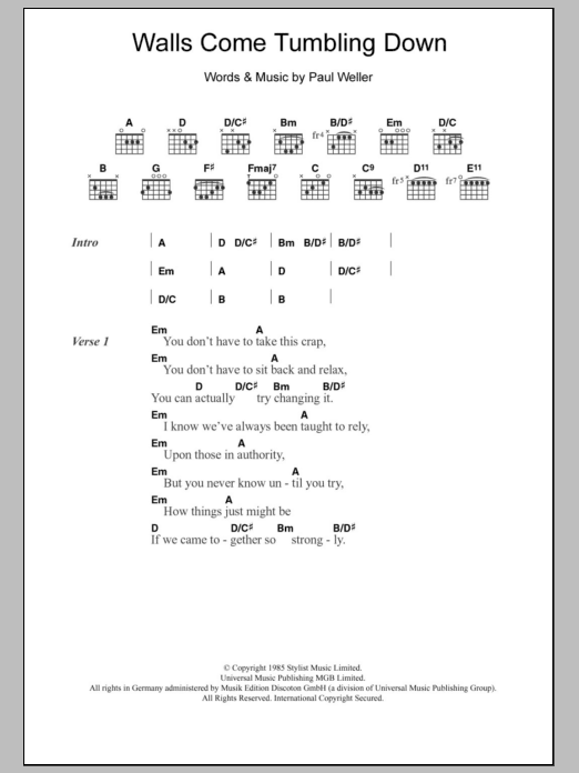 The Style Council Walls Come Tumbling Down Sheet Music Notes & Chords for Lyrics & Chords - Download or Print PDF