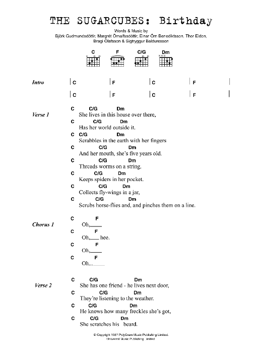 The Sugarcubes Birthday Sheet Music Notes & Chords for Lyrics & Chords - Download or Print PDF