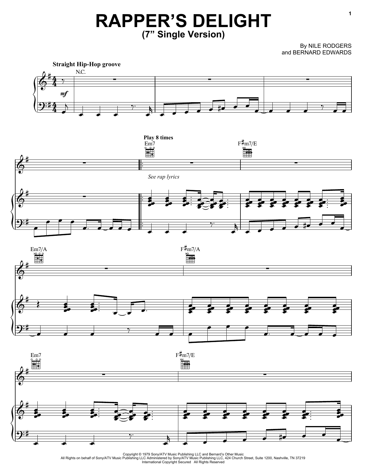 The Sugarhill Gang Rapper's Delight Sheet Music Notes & Chords for Piano, Vocal & Guitar (Right-Hand Melody) - Download or Print PDF