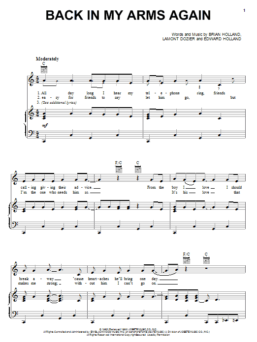 The Supremes Back In My Arms Again Sheet Music Notes & Chords for Lyrics & Chords - Download or Print PDF