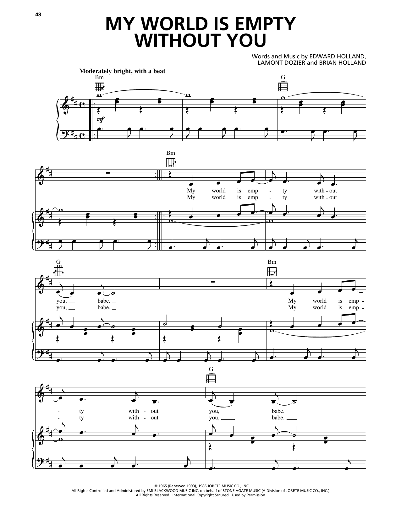 The Supremes My World Is Empty Without You Sheet Music Notes & Chords for Piano, Vocal & Guitar Chords (Right-Hand Melody) - Download or Print PDF The Supremes My World Is Empty Without You Sheet Music Notes & Chords for Piano, Vocal & Guitar Chords (Right-Hand Melody) - Download or Print PDF