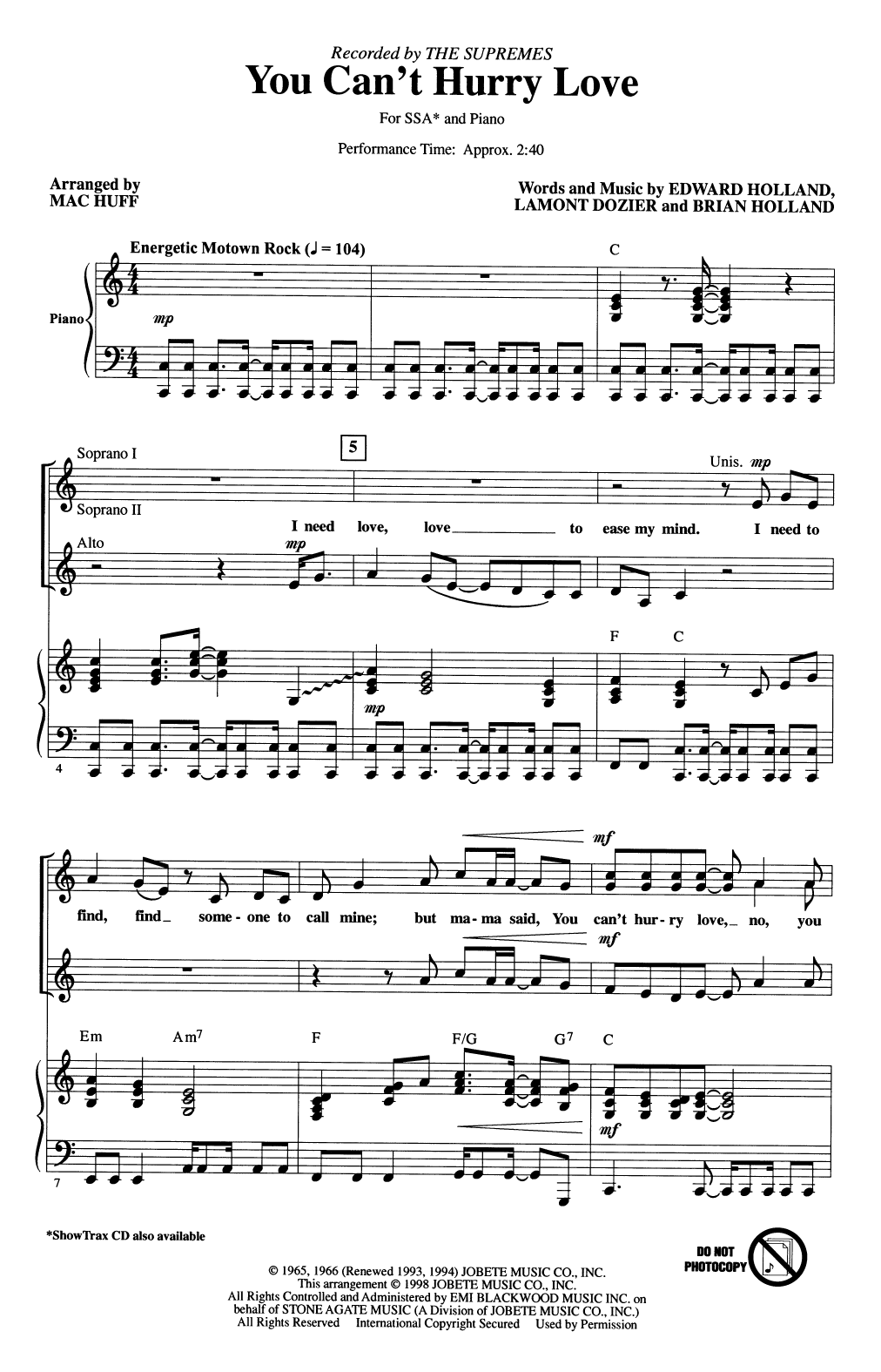 The Supremes You Can't Hurry Love (arr. Mac Huff) Sheet Music Notes & Chords for SSA Choir - Download or Print PDF