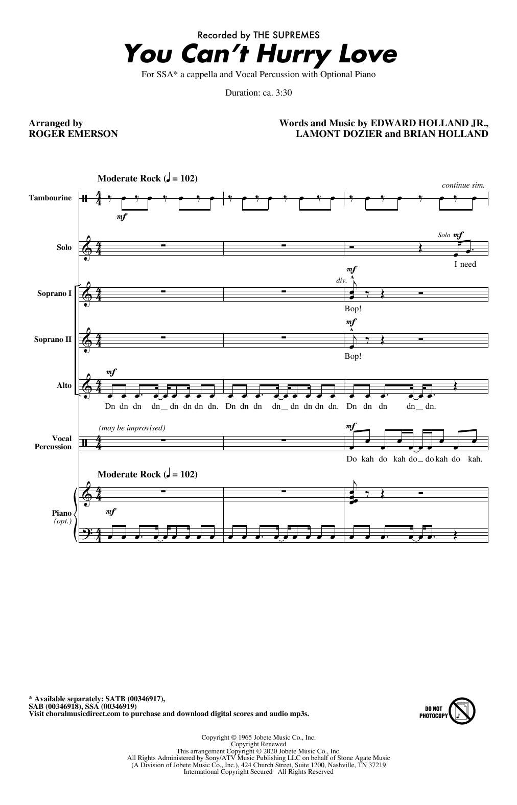 The Supremes You Can't Hurry Love (arr. Roger Emerson) Sheet Music Notes & Chords for SAB Choir - Download or Print PDF